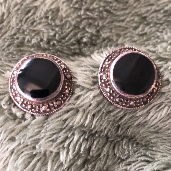 Vintage Earrings Onyx Marcasite 925 Sterling - Picture 1 of 17